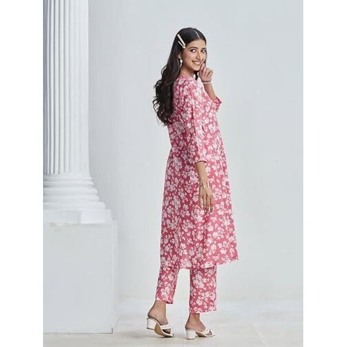 Ishin Women Pink Floral Printed Kurta With Trousers| Cotton Kurta Set| Kurta Set For Women