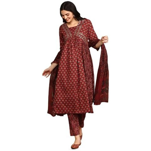 Ishin Women Red Cotton Kurta Sets With Dupatta