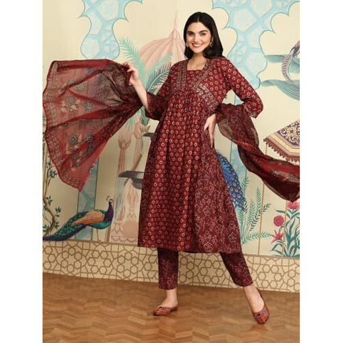 Ishin Women Red Cotton Kurta Sets With Dupatta