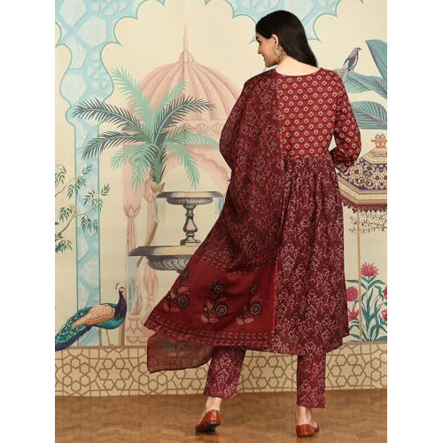 Ishin Women Red Cotton Kurta Sets With Dupatta
