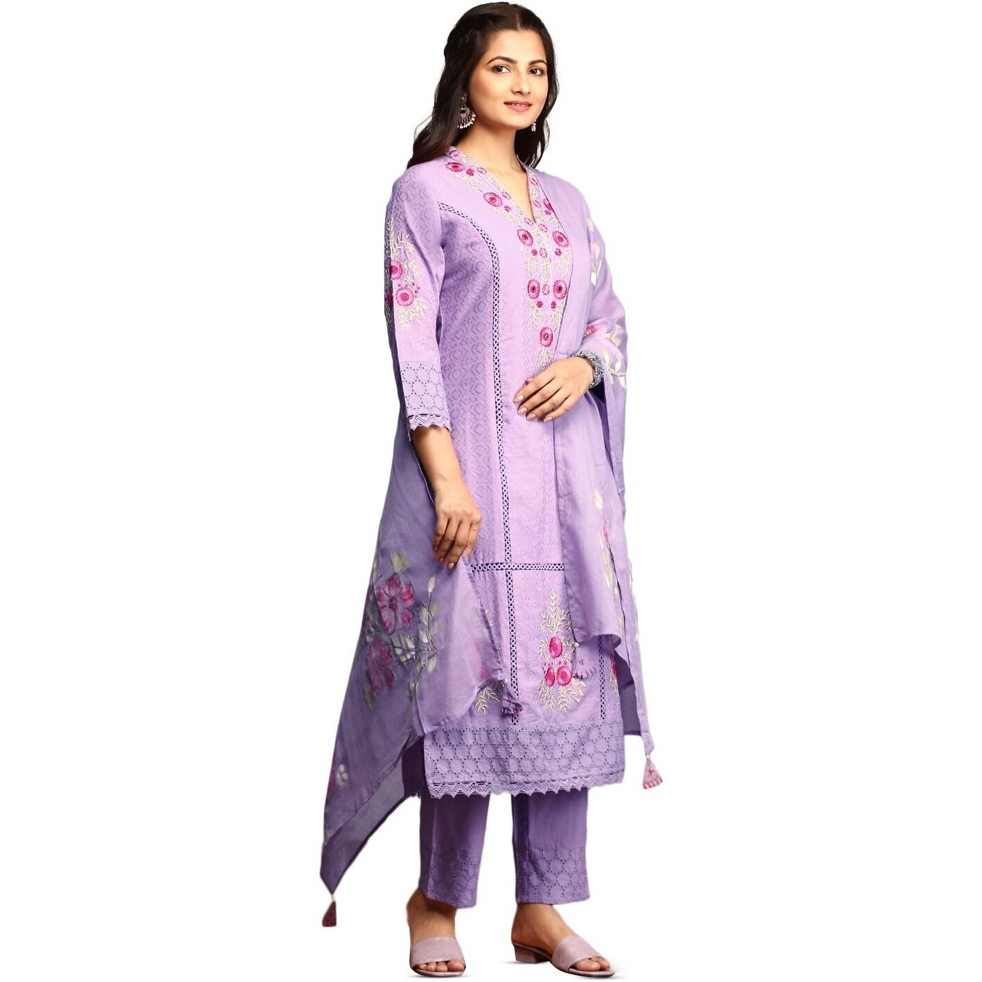 Ishin Women Purple Cotton Kurta Set With Dupatta