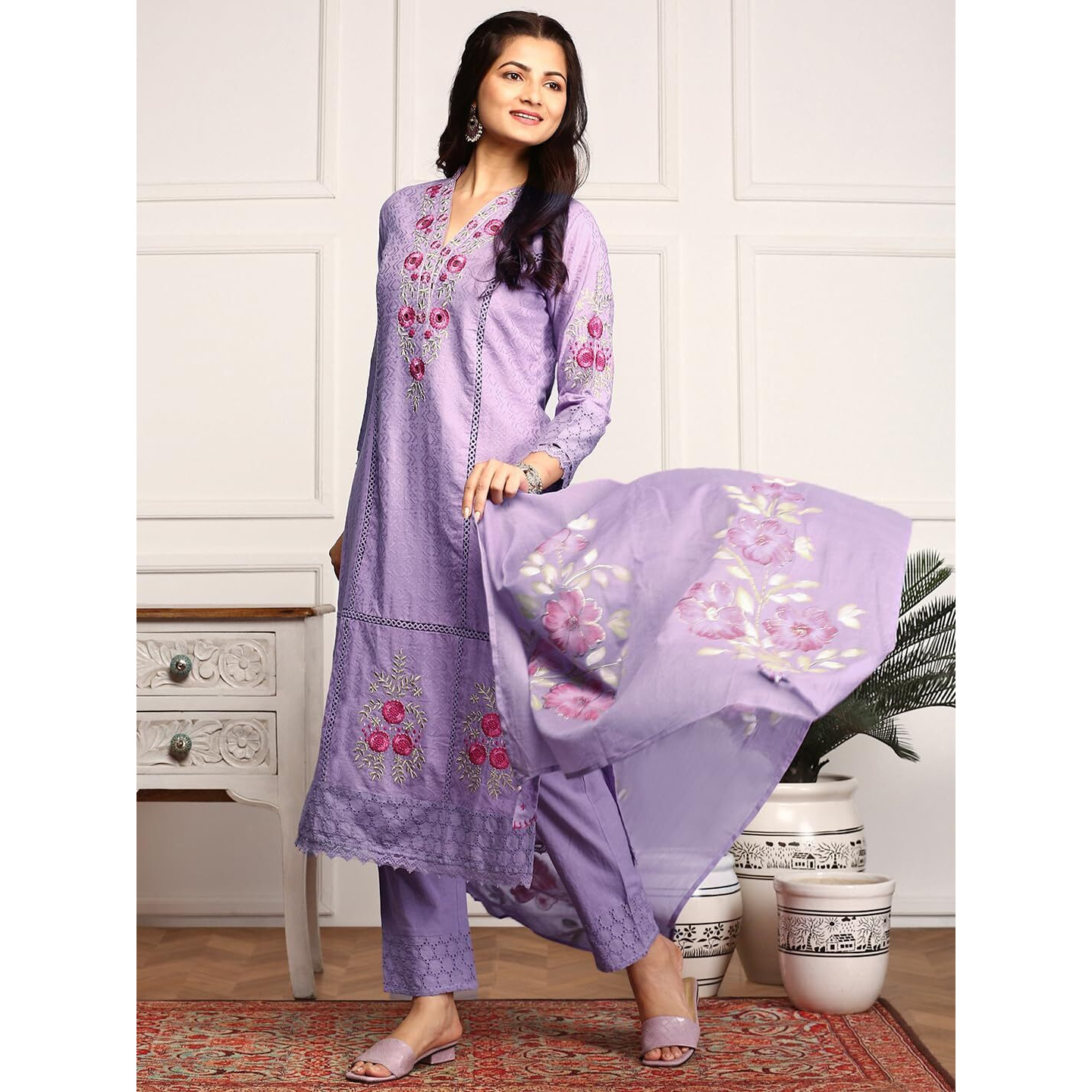 Ishin Women Purple Cotton Kurta Set With Dupatta