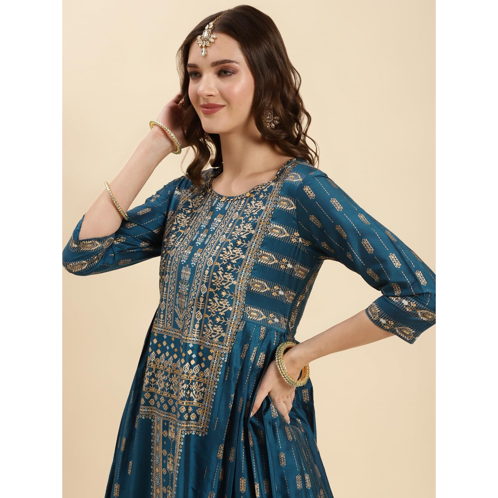Rangita Teal Chanderi Calf Length Printed Anarkali Kurti For Women | Kurta For Women_M