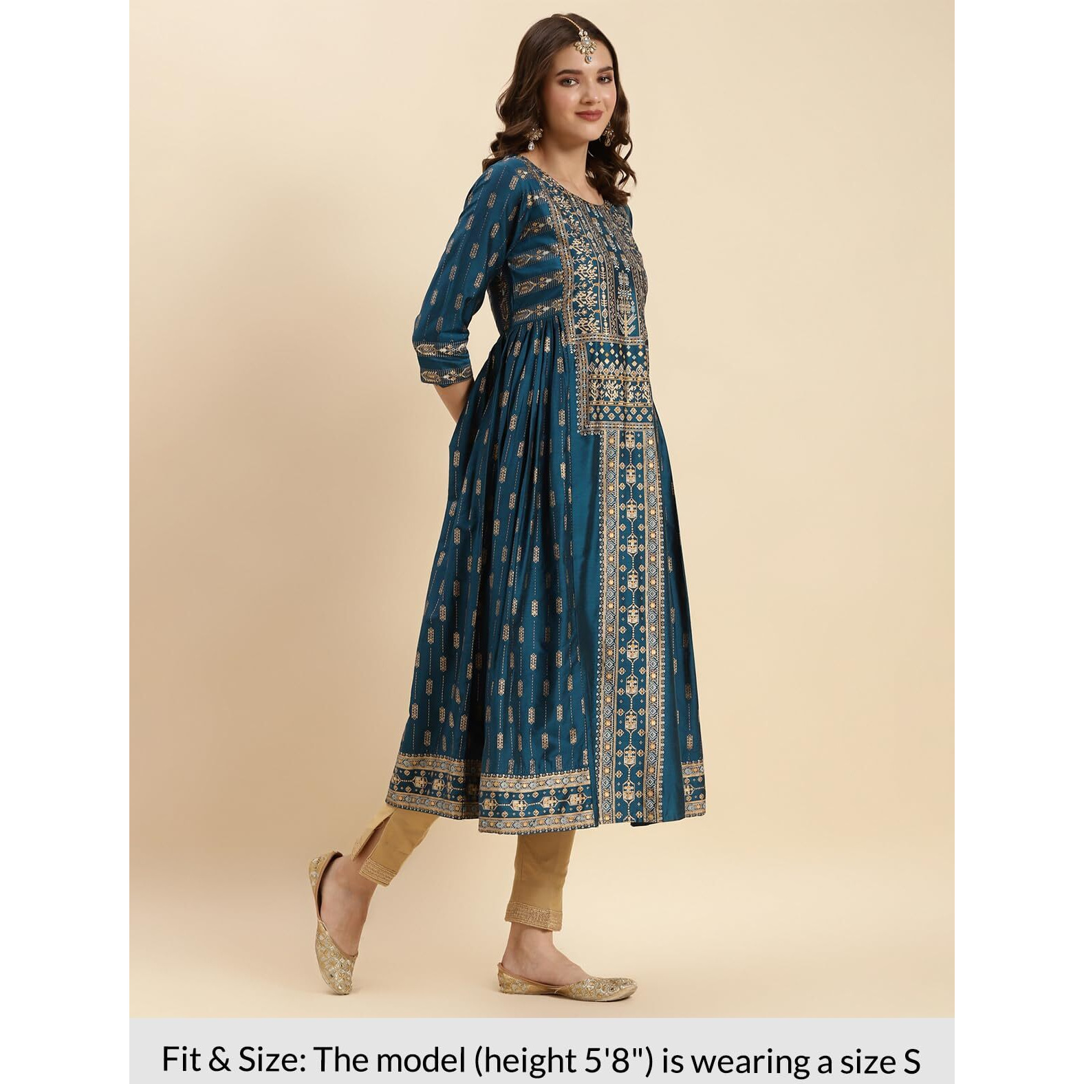 Rangita Teal Chanderi Calf Length Printed Anarkali Kurti For Women | Kurta For Women_M