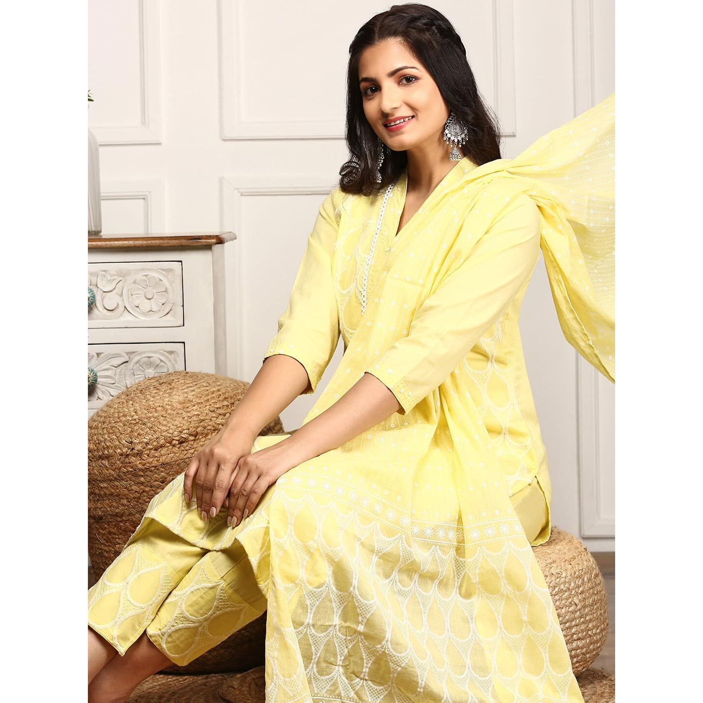 Ishin Women Yellow Cotton Kurta Set With Dupatta