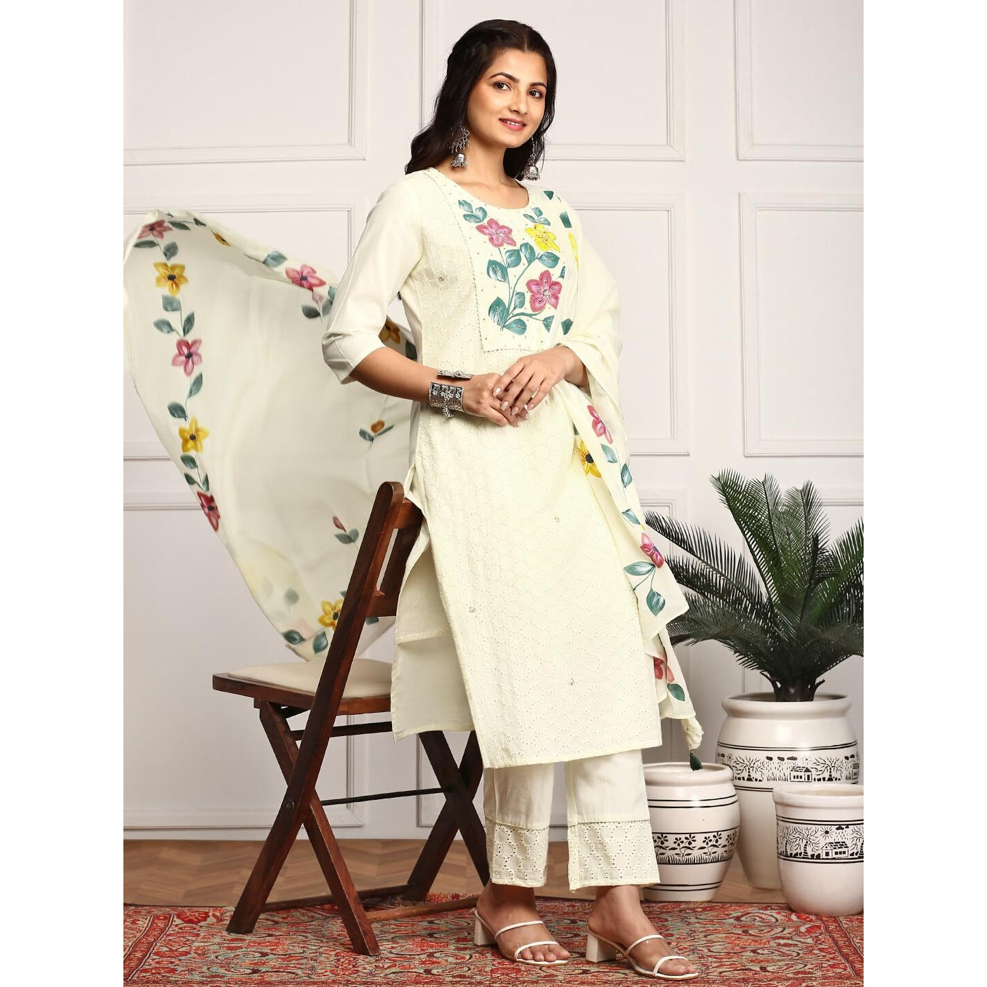 Ishin Women Off White Cotton Kurta Set With Dupatta