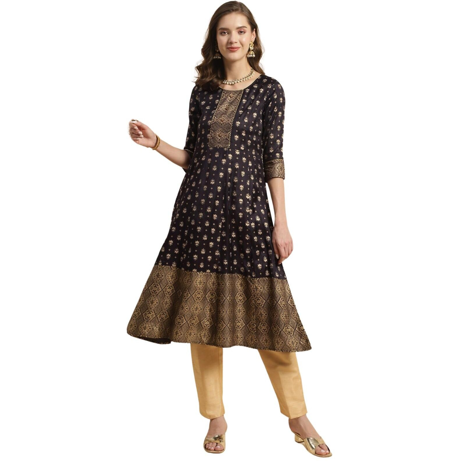 Rangita Black Polyester Calf Length Printed Flared Kurti For Women | Kurta For Women_S