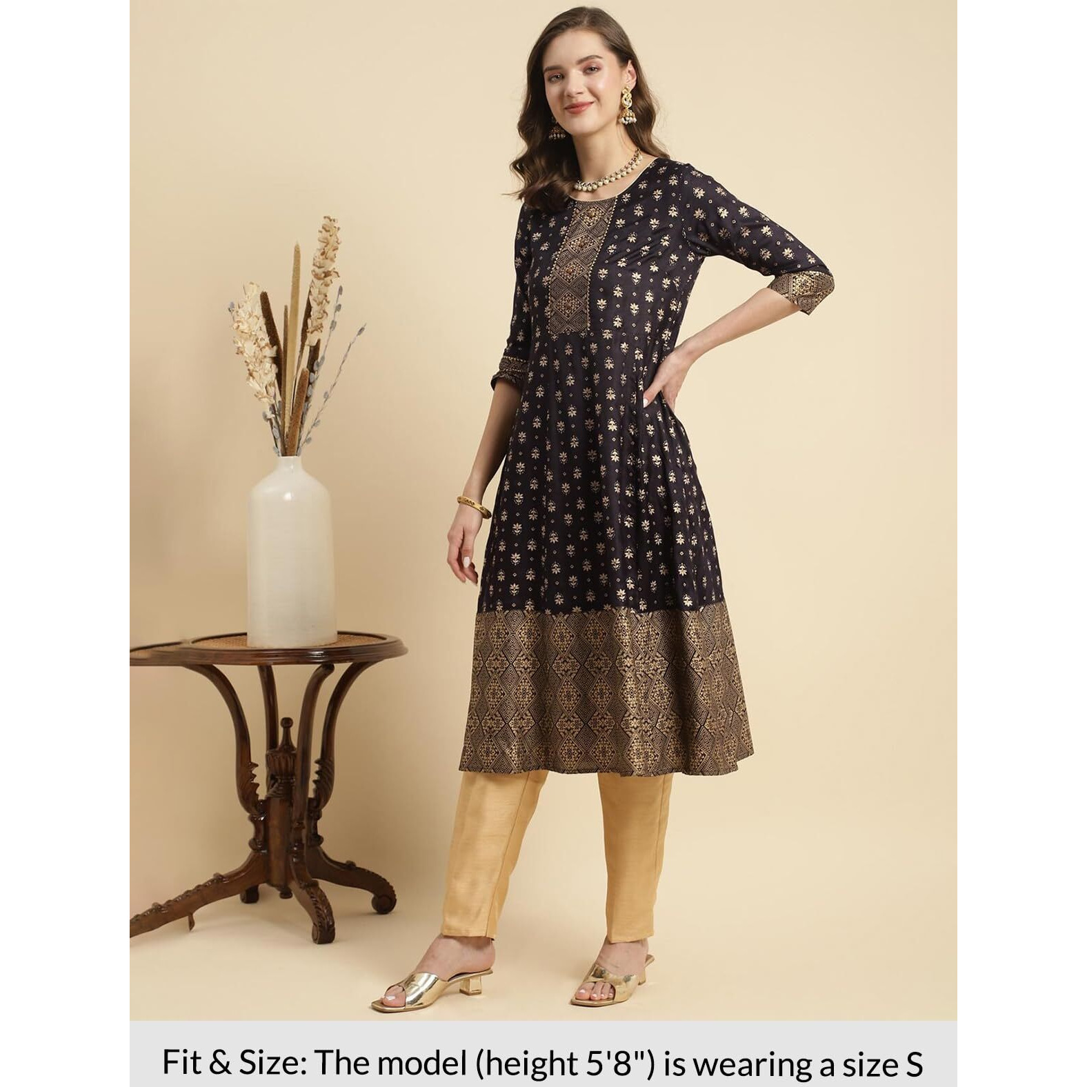 Rangita Black Polyester Calf Length Printed Flared Kurti For Women | Kurta For Women_S