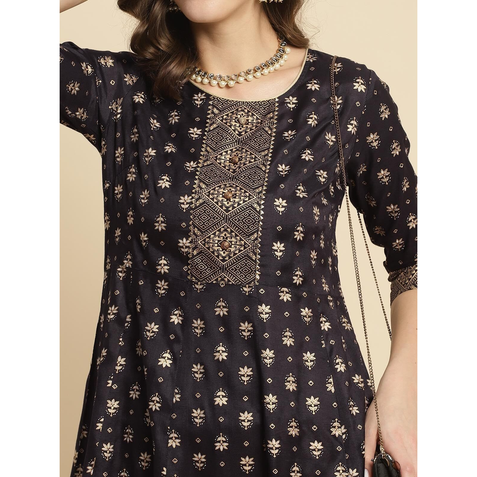 Rangita Black Polyester Calf Length Printed Flared Kurti For Women | Kurta For Women_M