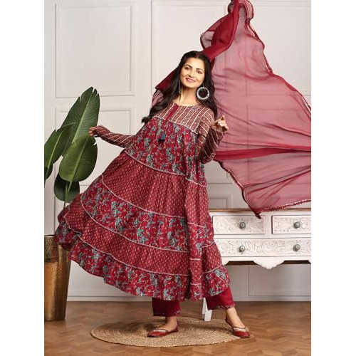 Ishin Layered Tie-Up Cotton Kurta With Solid Pants And Chiffon Dupatta | Kurta Set For Women | Kurta With Trousers And Dupatta