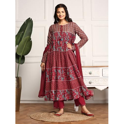 Ishin Layered Tie-Up Cotton Kurta With Solid Pants And Chiffon Dupatta | Kurta Set For Women | Kurta With Trousers And Dupatta