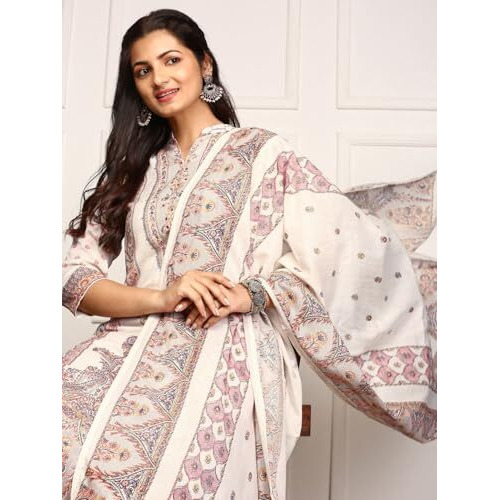 Ishin Ethnic Motifs Woven Design A-Line Pure Cotton Kurta With Trousers & Dupatta | Kurta Set For Women | Kurta With Trousers And Dupatta