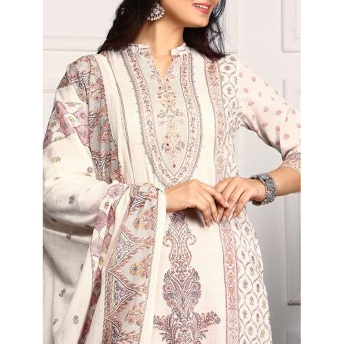 Ishin Ethnic Motifs Woven Design A-Line Pure Cotton Kurta With Trousers & Dupatta | Kurta Set For Women | Kurta With Trousers And Dupatta