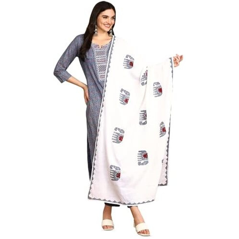 Ajrakh Inspired Printed Cotton Kurta And Pant With Hand Applique Dupatta | Kurta Set For Women | Kurta With Trousers And Dupatta