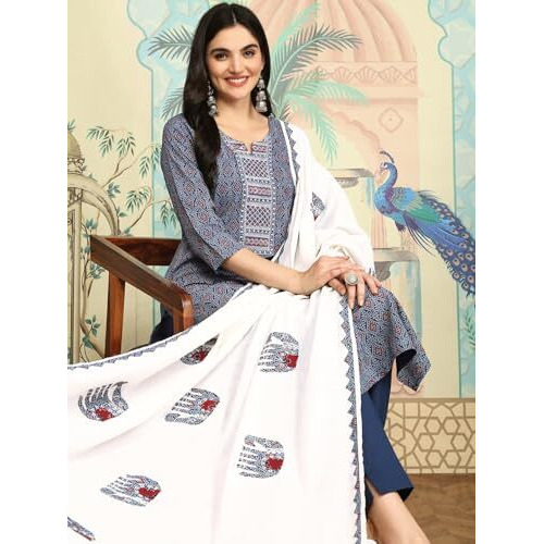 Ajrakh Inspired Printed Cotton Kurta And Pant With Hand Applique Dupatta | Kurta Set For Women | Kurta With Trousers And Dupatta