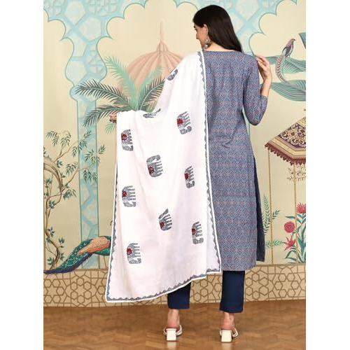 Ajrakh Inspired Printed Cotton Kurta And Pant With Hand Applique Dupatta | Kurta Set For Women | Kurta With Trousers And Dupatta