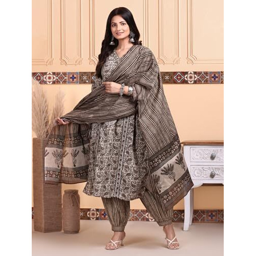 Ishin Kalamkari Printed Kurta With Trouser & Dupatta | Kurta Set For Women | Kurta With Trousers And Dupatta