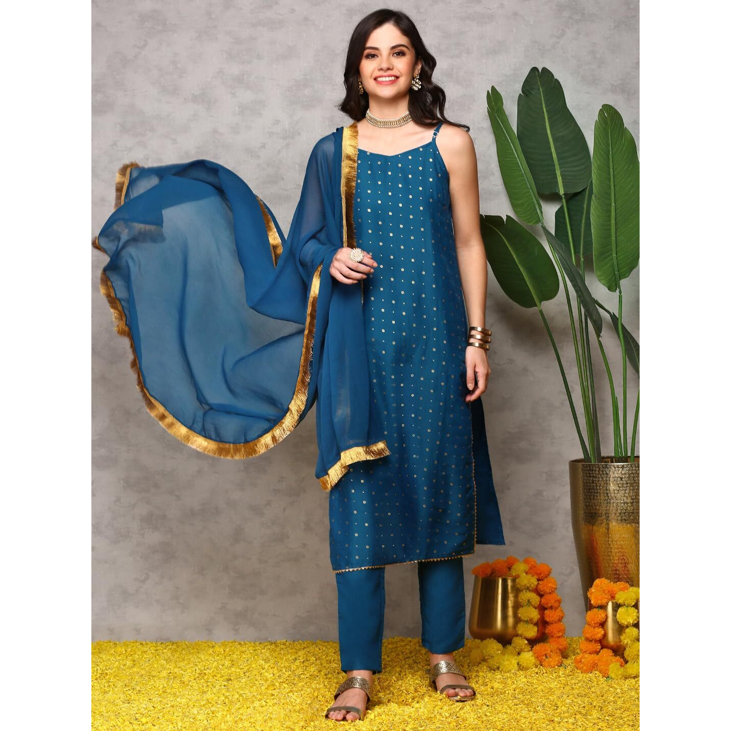 Ishin Embroidered Shoulder Straps Sleeveless Kurta With Trousers & With Dupatta | Kurta Set For Women | Kurta With Trousers And Dupatta