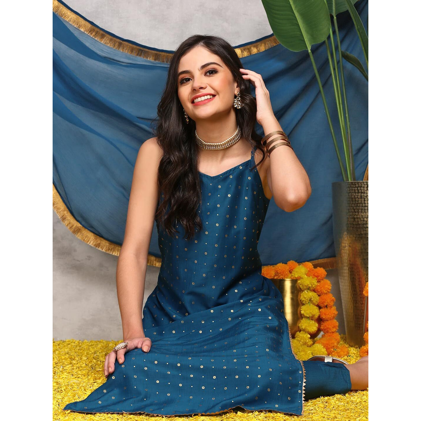 Ishin Embroidered Shoulder Straps Sleeveless Kurta With Trousers & With Dupatta | Kurta Set For Women | Kurta With Trousers And Dupatta