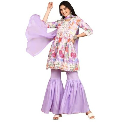 Ishin Lavender Floral Printed Pure Cotton A-Line Kurta With Sharara & Dupatta | Kurta Set For Women | Kurta With Sharara And Dupatta