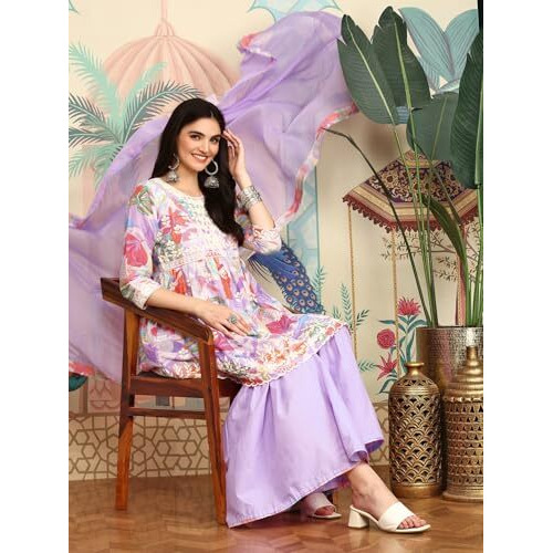 Ishin Lavender Floral Printed Pure Cotton A-Line Kurta With Sharara & Dupatta | Kurta Set For Women | Kurta With Sharara And Dupatta