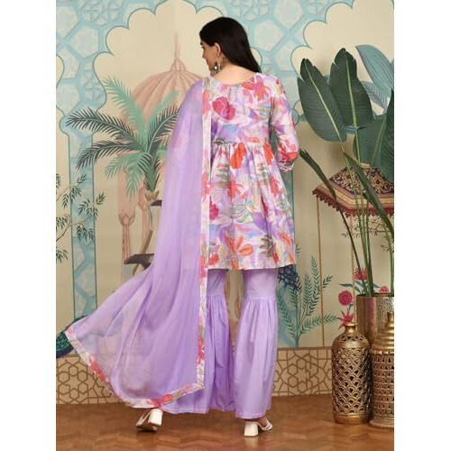 Ishin Lavender Floral Printed Pure Cotton A-Line Kurta With Sharara & Dupatta | Kurta Set For Women | Kurta With Sharara And Dupatta