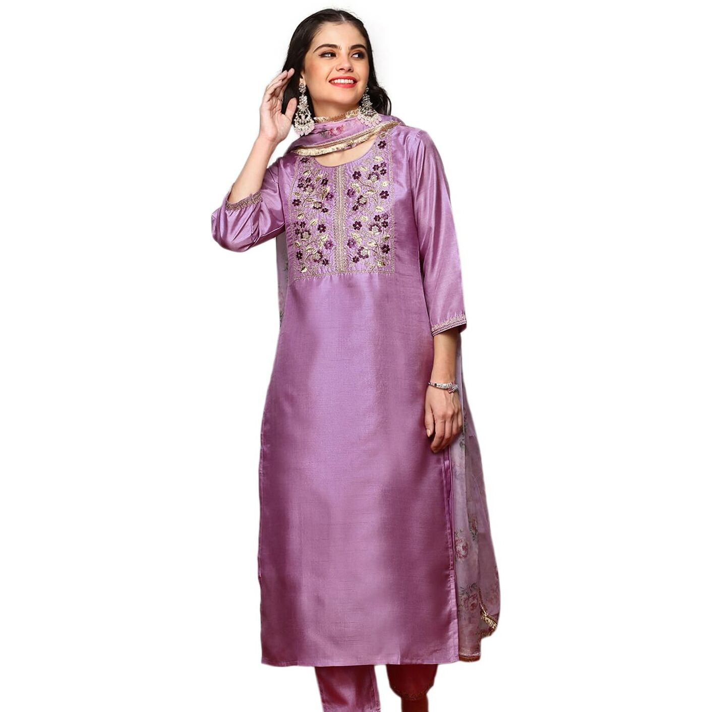 Ishin Floral Embroidered Round Neck Three-Quarter Sleeves Thread Work Kurta Set | Kurta Set For Women | Kurta With Trousers And Dupatta