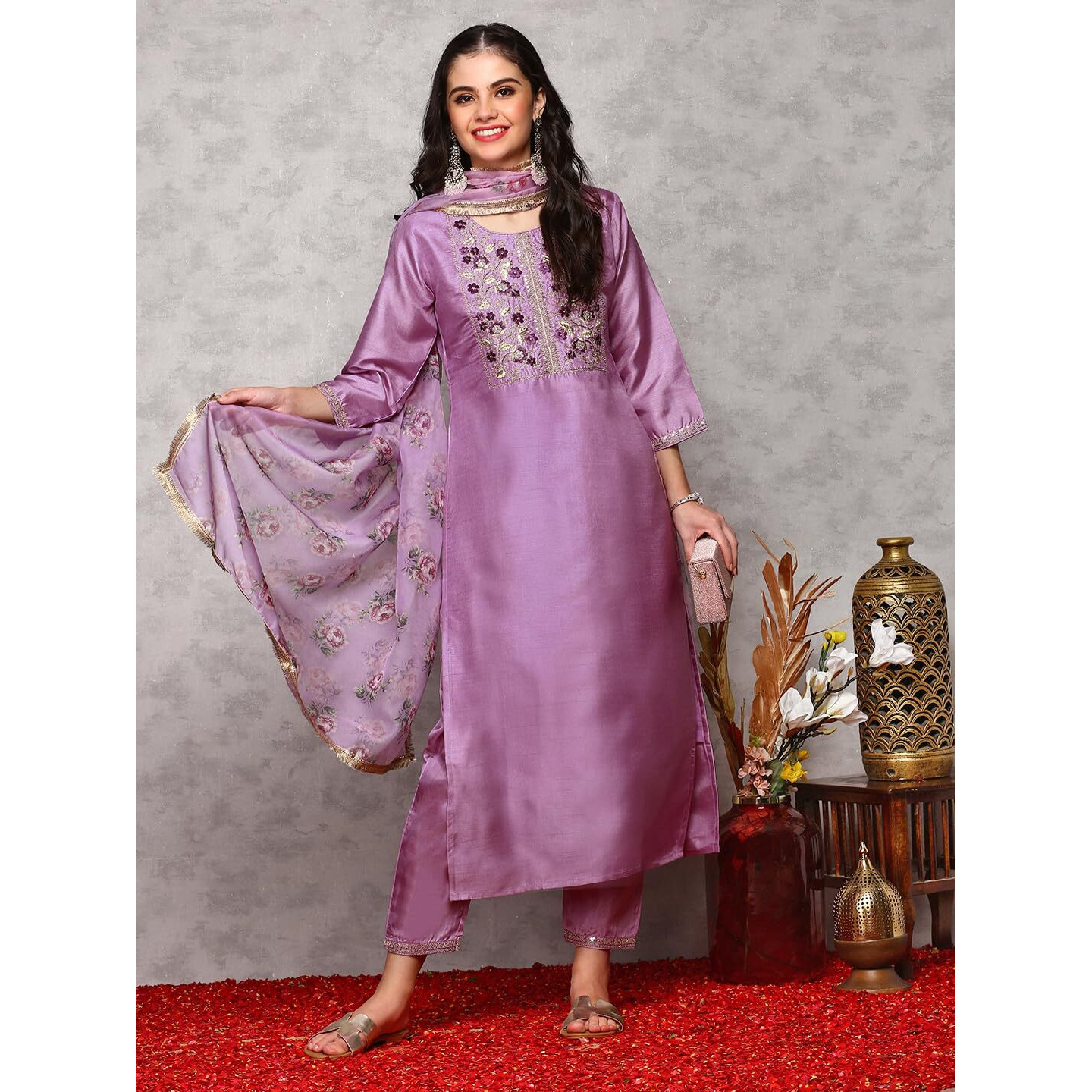 Ishin Floral Embroidered Round Neck Three-Quarter Sleeves Thread Work Kurta Set | Kurta Set For Women | Kurta With Trousers And Dupatta