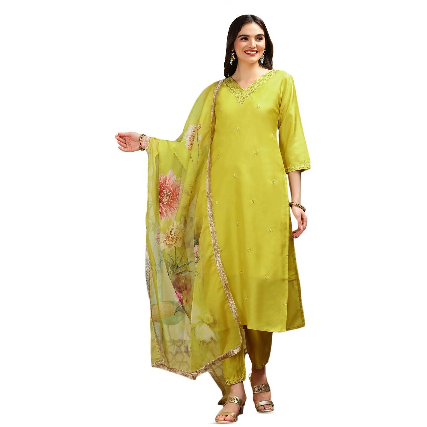 Ishin Floral Embroidered V-Neck Three-Quarter Sleeves Silk Chiffon Kurta Set | Kurta Set For Women | Kurta With Trousers And Dupatta