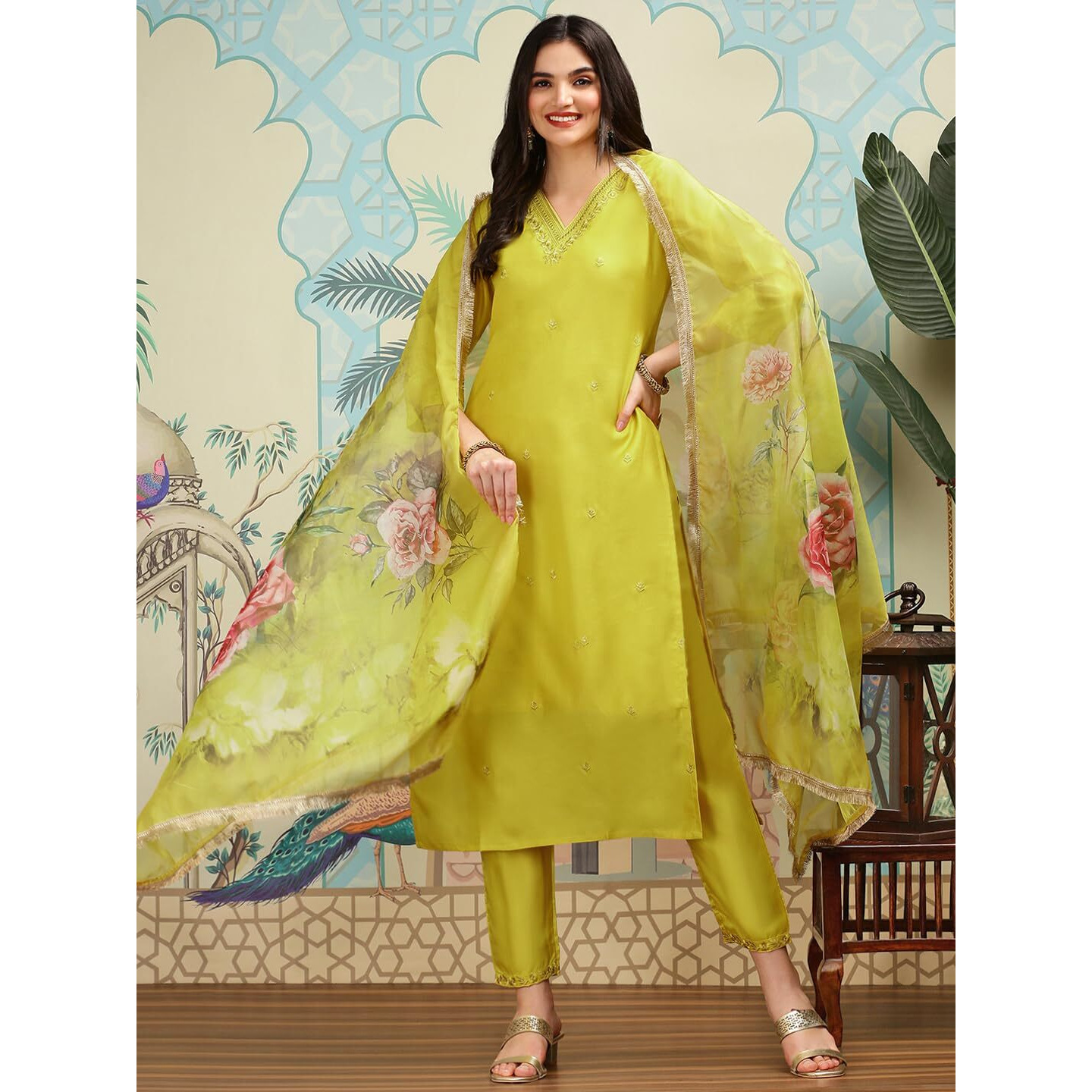 Ishin Floral Embroidered V-Neck Three-Quarter Sleeves Silk Chiffon Kurta Set | Kurta Set For Women | Kurta With Trousers And Dupatta