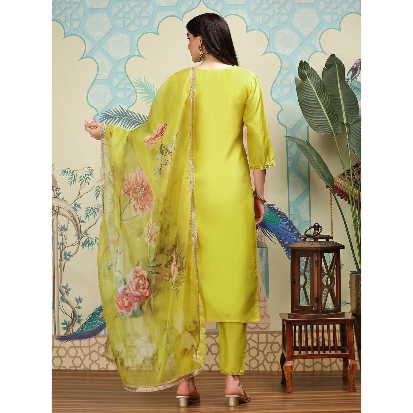 Ishin Floral Embroidered V-Neck Three-Quarter Sleeves Silk Chiffon Kurta Set | Kurta Set For Women | Kurta With Trousers And Dupatta