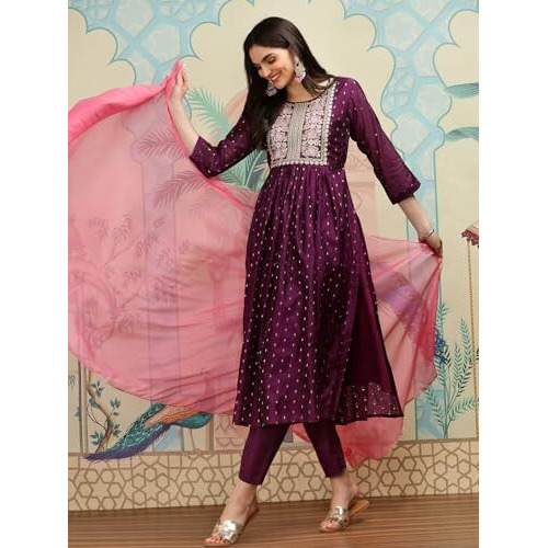 Ishin Floral Embroidered Pleated Thread Work A-Line Kurta With Trousers & Dupatta | Kurta Set For Women | Kurta With Trousers And Dupatta