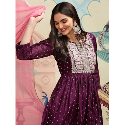 Ishin Floral Embroidered Pleated Thread Work A-Line Kurta With Trousers & Dupatta | Kurta Set For Women | Kurta With Trousers And Dupatta
