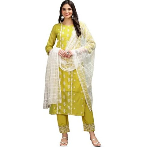 Ishin Lime Green Floral Embroidered Thread Work Straight Kurta With Trousers & Dupatta | Kurta Set For Women | Kurta With Trousers And Dupatta