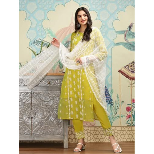 Ishin Lime Green Floral Embroidered Thread Work Straight Kurta With Trousers & Dupatta | Kurta Set For Women | Kurta With Trousers And Dupatta