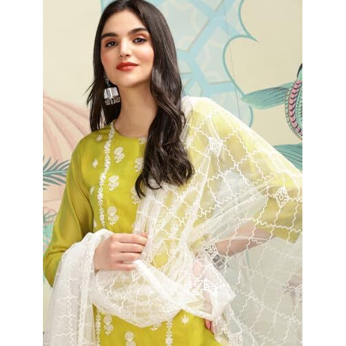 Ishin Lime Green Floral Embroidered Thread Work Straight Kurta With Trousers & Dupatta | Kurta Set For Women | Kurta With Trousers And Dupatta