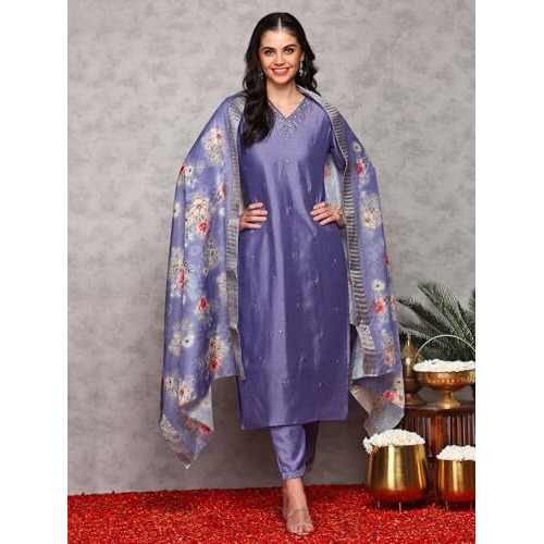 Ishin Floral Embroidered V-Neck Three-Quarter Sleeves Kurta With Trousers & With Dupatta | Kurta Set For Women | Kurta With Trousers And Dupatta