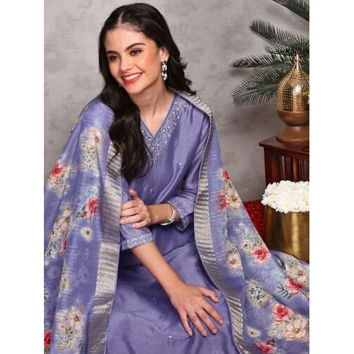 Ishin Floral Embroidered V-Neck Three-Quarter Sleeves Kurta With Trousers & With Dupatta | Kurta Set For Women | Kurta With Trousers And Dupatta
