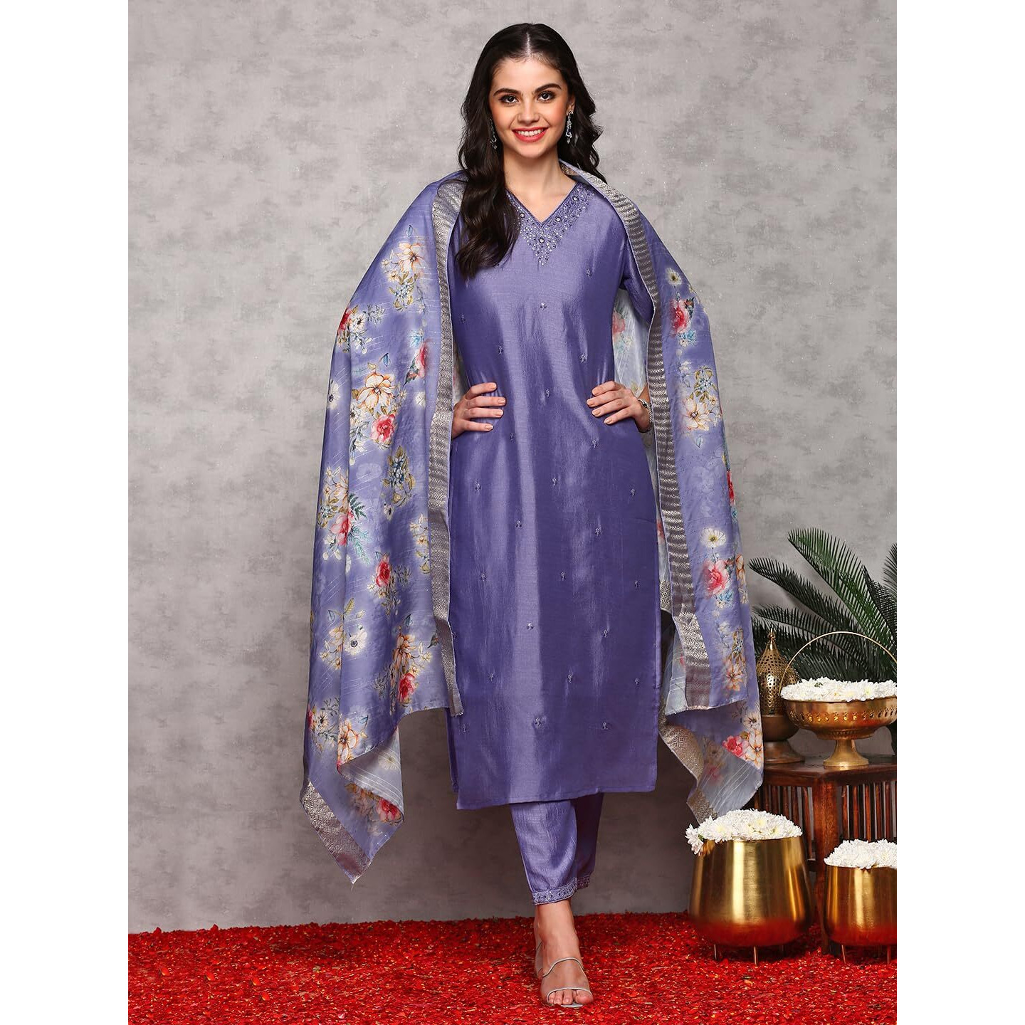 Ishin Floral Embroidered V-Neck Three-Quarter Sleeves Kurta With Trousers & With Dupatta | Kurta Set For Women | Kurta With Trousers And Dupatta