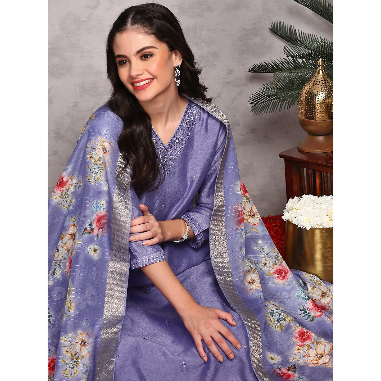 Ishin Floral Embroidered V-Neck Three-Quarter Sleeves Kurta With Trousers & With Dupatta | Kurta Set For Women | Kurta With Trousers And Dupatta