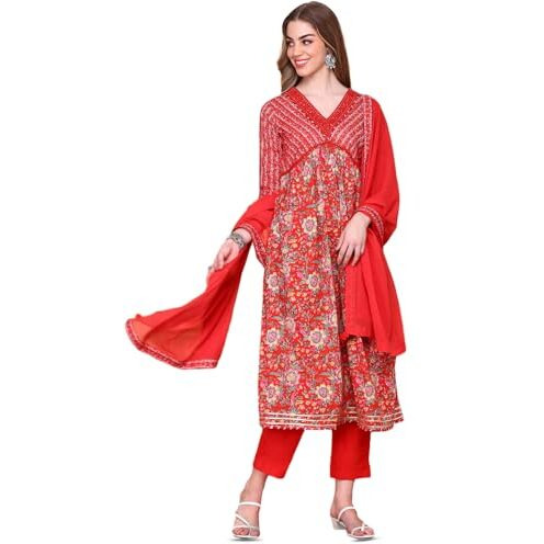 Ishin V-Neck Floral Printed Empire Pure Cotton A-Line Kurta With Trousers & Dupatta | Kurta Set For Women | Kurta With Trousers And Dupatta