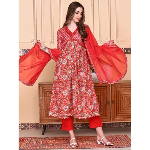 Ishin V-Neck Floral Printed Empire Pure Cotton A-Line Kurta With Trousers & Dupatta | Kurta Set For Women | Kurta With Trousers And Dupatta