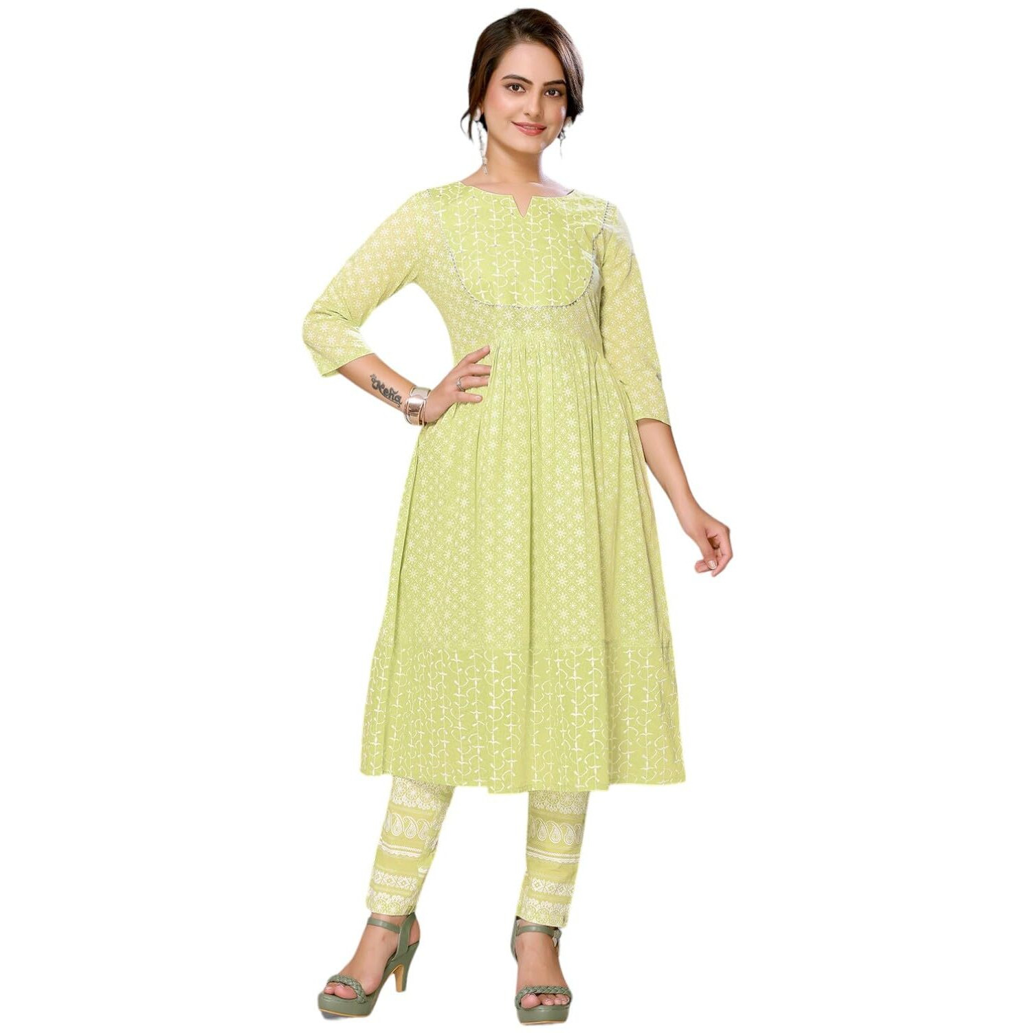 Rangita Lime Green Cotton Embroidered Anarkali Kurta With Pant | Kurta Set For Women_Xl