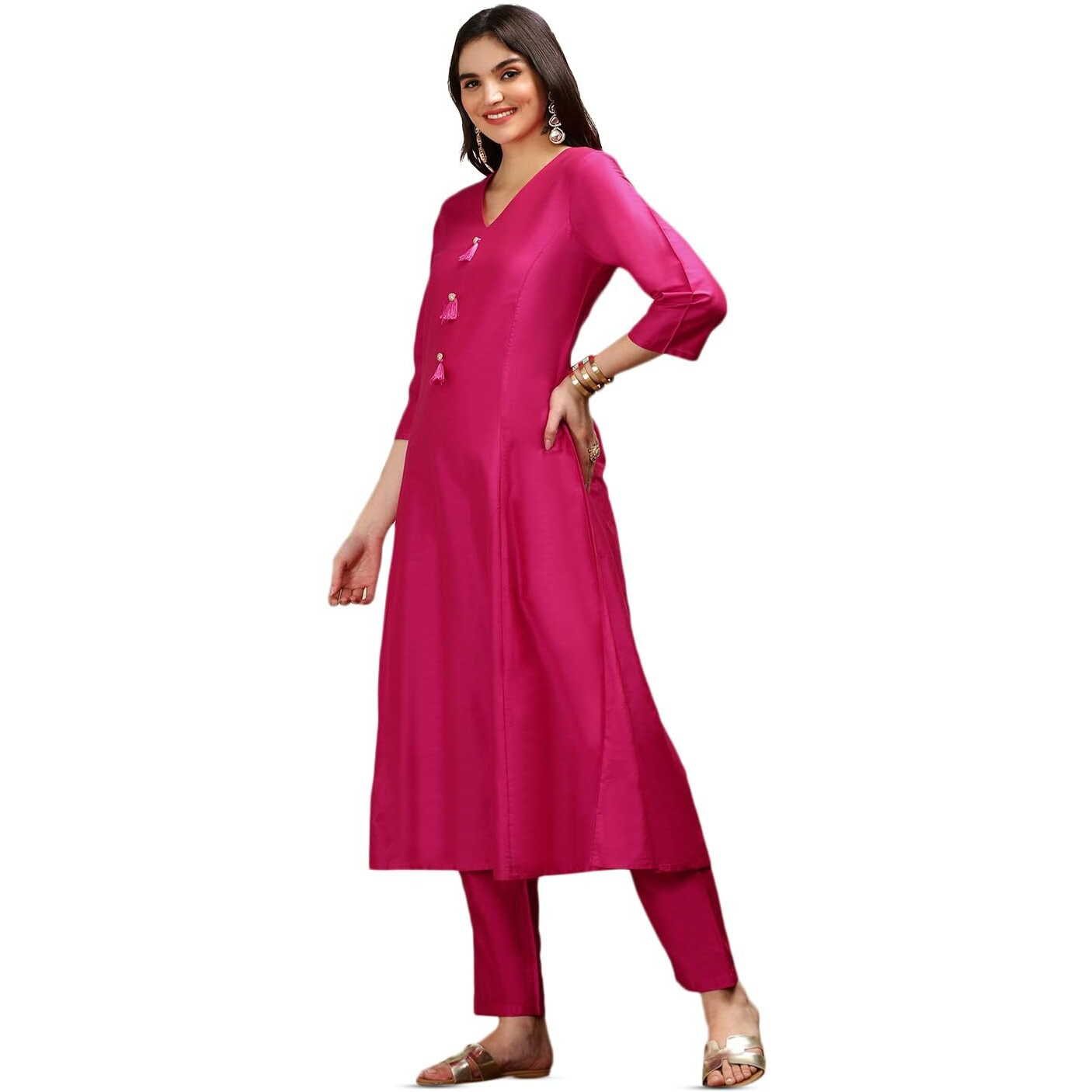 Ishin V-Neck Three-Quarter Sleeves Kurta With Trousers & With Printed Dupatta | Kurta Set For Women | Kurta With Trousers And Dupatta