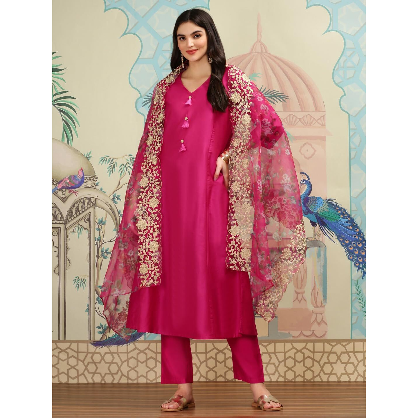 Ishin V-Neck Three-Quarter Sleeves Kurta With Trousers & With Printed Dupatta | Kurta Set For Women | Kurta With Trousers And Dupatta