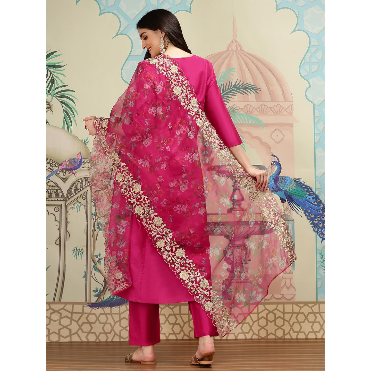 Ishin V-Neck Three-Quarter Sleeves Kurta With Trousers & With Printed Dupatta | Kurta Set For Women | Kurta With Trousers And Dupatta