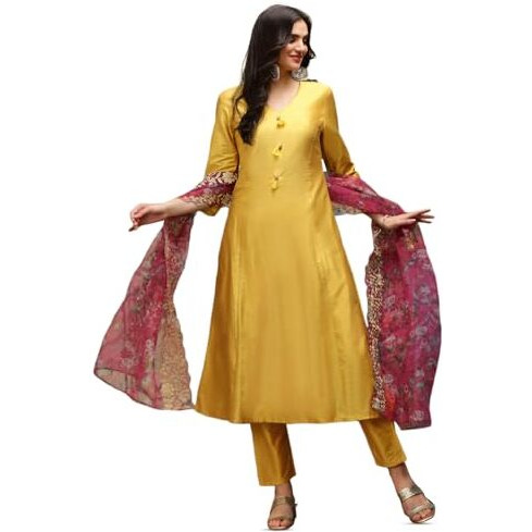 Ishin V-Neck Three-Quarter Sleeves Kurta With Trousers & With Printed Dupatta | Kurta Set For Women | Kurta With Trousers And Dupatta