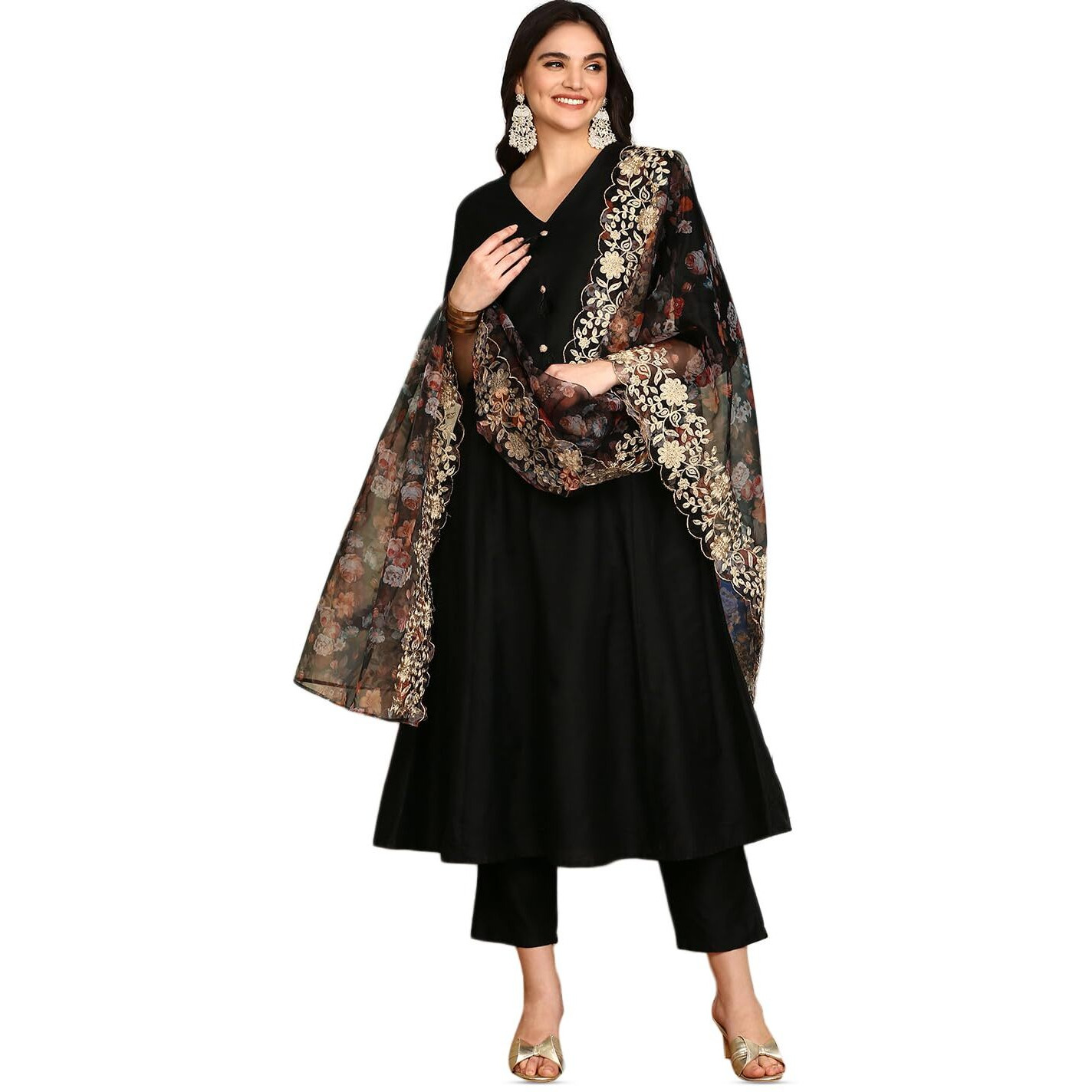 Ishin V-Neck Three-Quarter Sleeves Kurta With Trousers & With Printed Dupatta | Kurta Set For Women | Kurta With Trousers And Dupatta