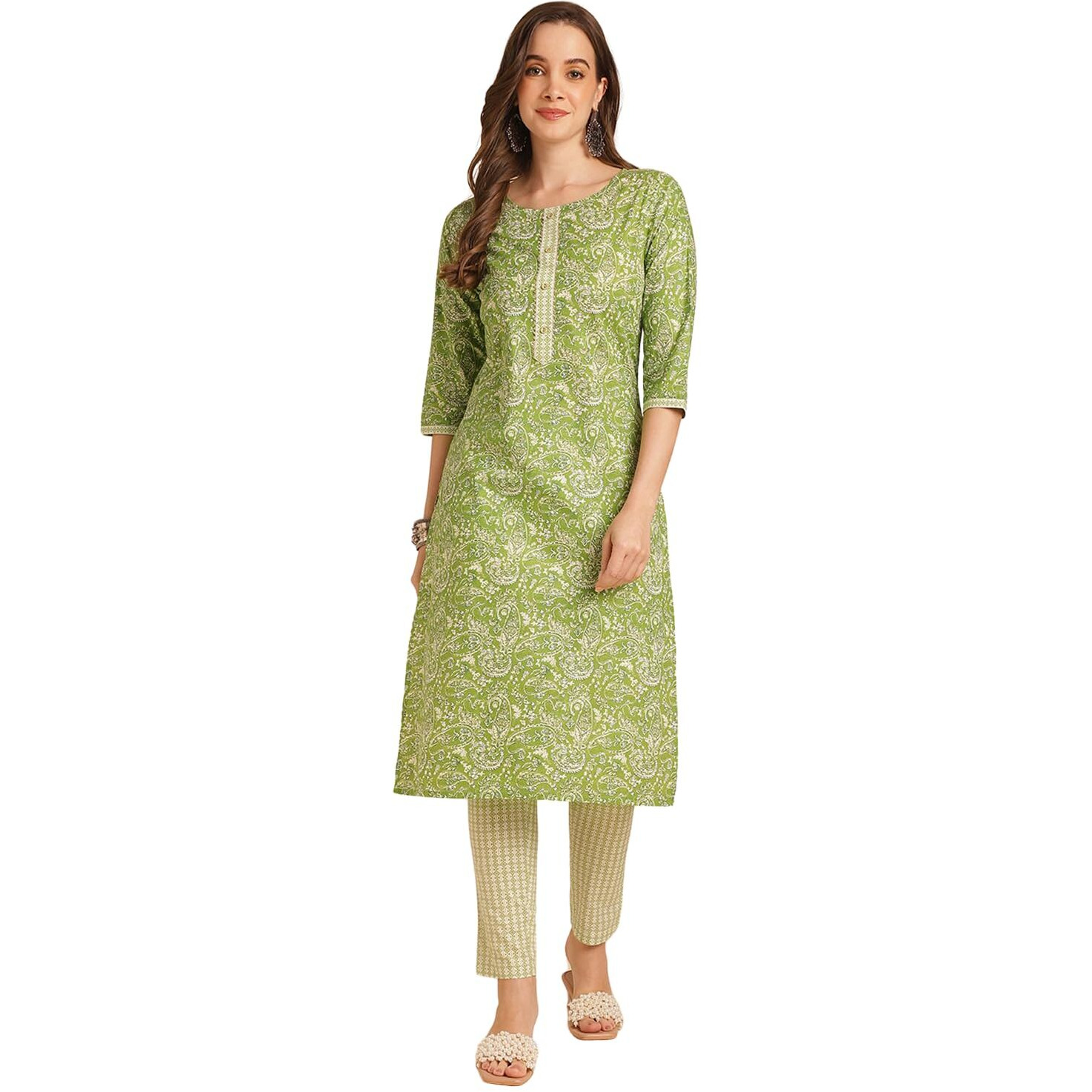 Rangita Green Cotton Printed Straight Kurta With Pant | Kurta Set For Women_M