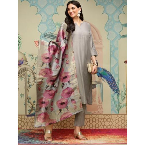 Ishin Grey Regular Silk Crepe A Line Kurta With Trousers & With Dupatta | Kurta Set For Women | Kurta With Trousers And Dupatta